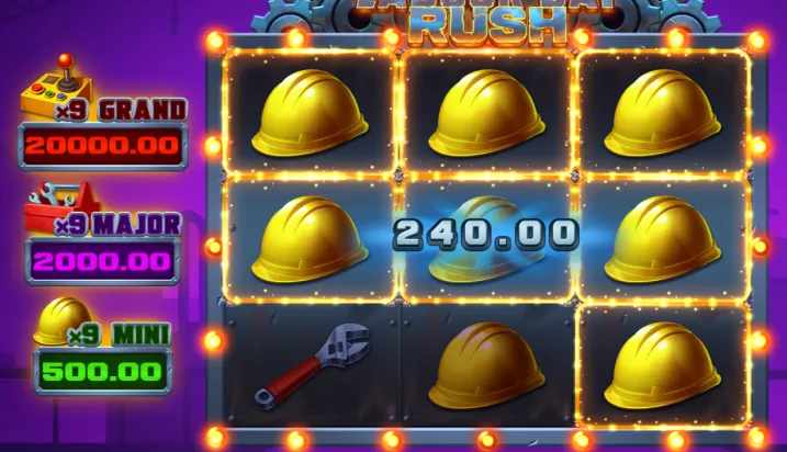 The Labour Day Rush board holding eight hard hats and one wrench, with a win amount across the centre and the three jackpot panels at the left