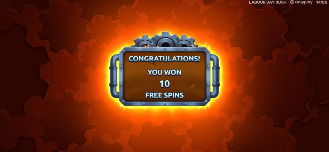 Labour Day Rush award screen confirming ten Free Spins