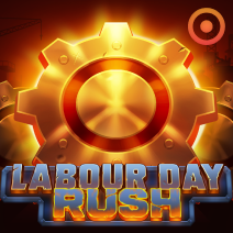 Labour Day Rush golden gear icon over an industrial background